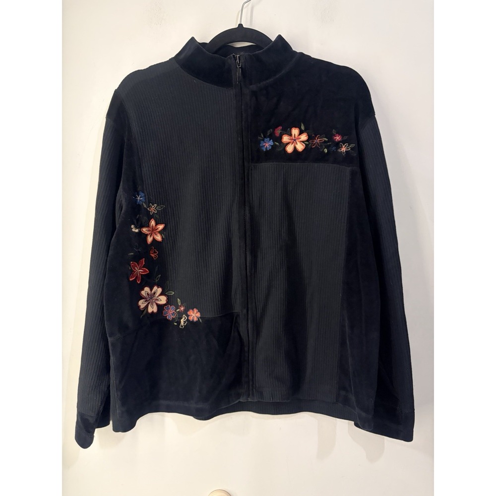 Erika Black Velour Jacket Floral Embroidered Zip Front Cotton Blend 90s Y2K